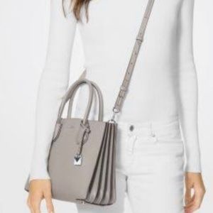 Mercer Large Saffiano Leather Tote Bag Pearl Gray.